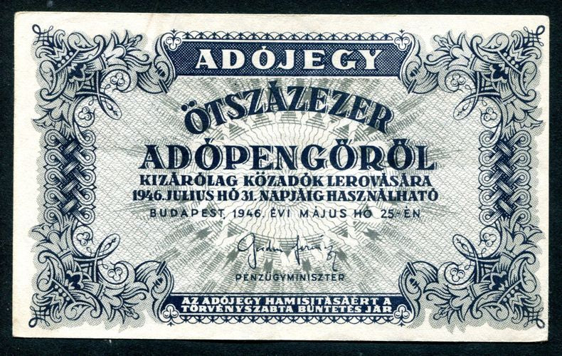 Adójegy 1946 500e Adópengő-sorszám nincs