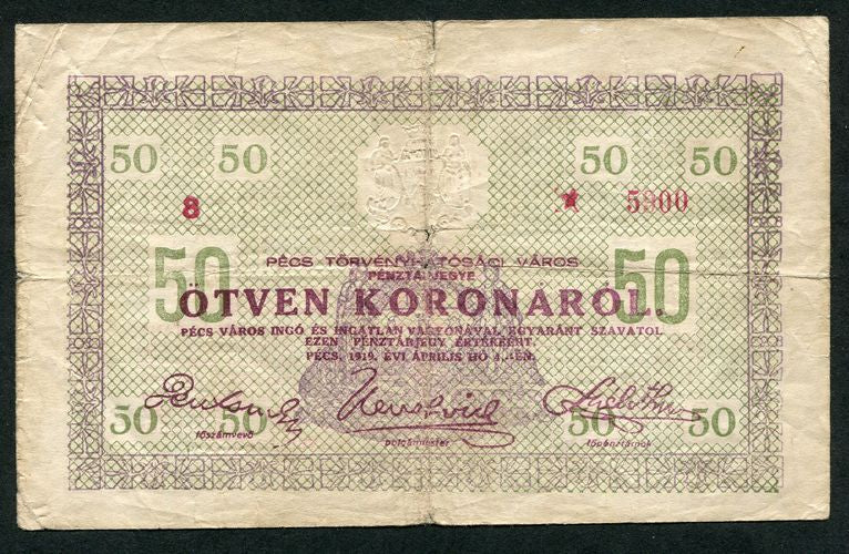 Pécs 1919 50 Korona I. kiadás