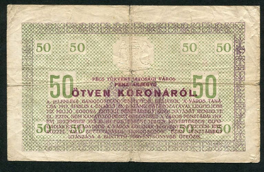 Pécs 1919 50 Korona I. kiadás