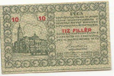 Pécs Pénztárjegy 1919 10 fillér