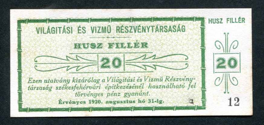 Székesfehérvár Világítási és Vízmű Rt 20 fillér