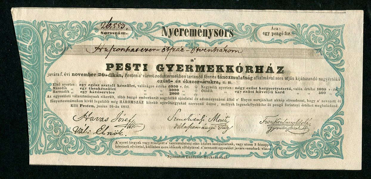 1842 Pesti gyermekkórház sorsjegy - vízjeles