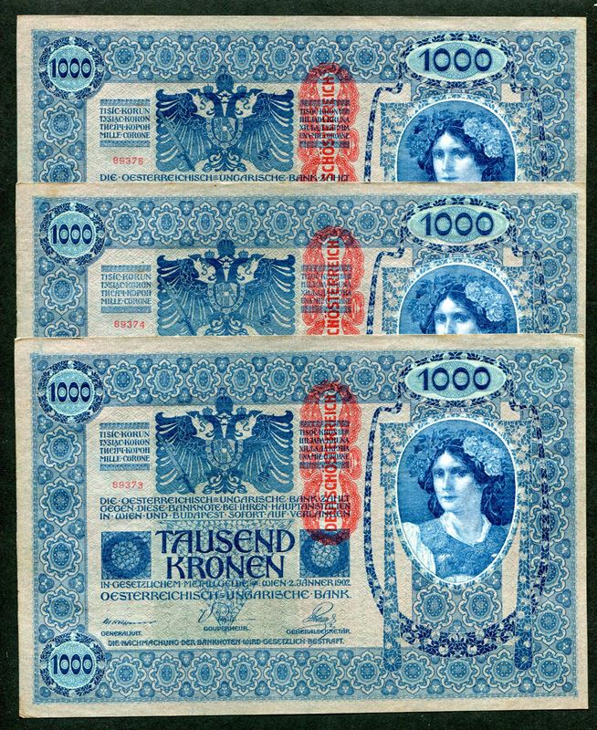 1902 1000 Korona DÖ felülbélyegzés - 3db sorszámkövető