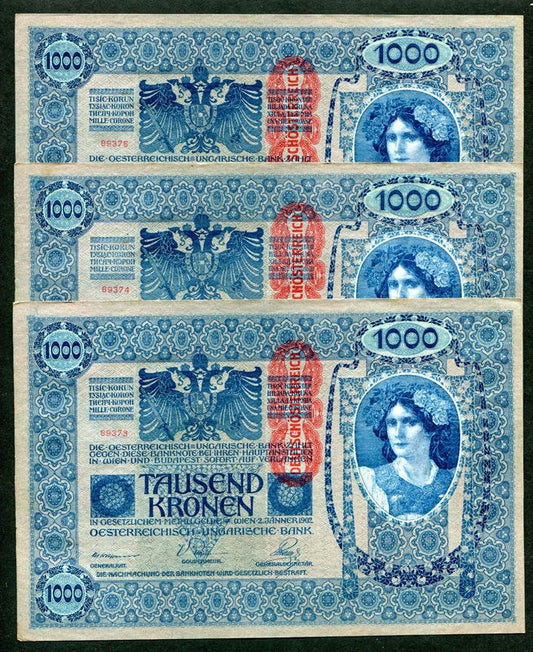 1902 1000 Korona DÖ felülbélyegzés - 3db sorszámkövető