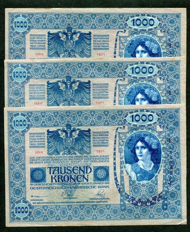 1902 1000 Korona DÖ felülbélyegzés - 3db sorszámkövető
