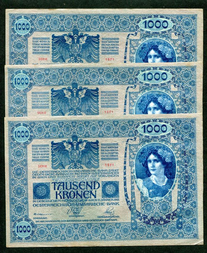 1902 1000 Korona DÖ felülbélyegzés - 3db sorszámkövető