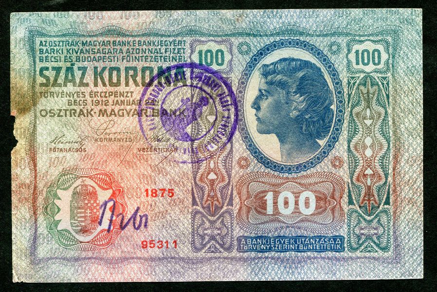 1912 100 Korona Óbecse felülbélyegzés
