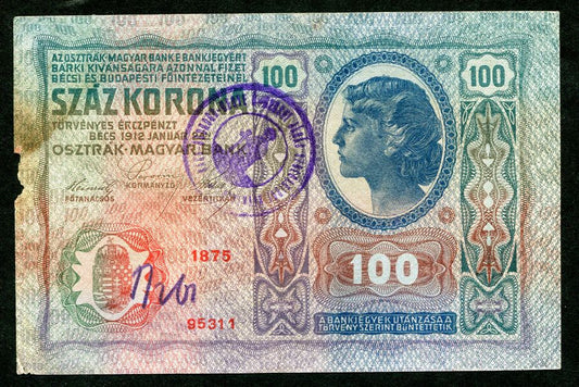 1912 100 Korona Óbecse felülbélyegzés