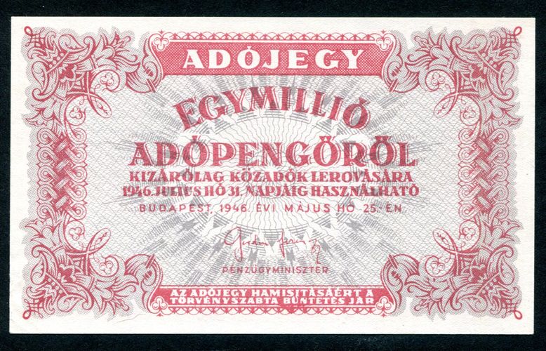 Adójegy 1946 1 millió Adópengő-sorszám nincs