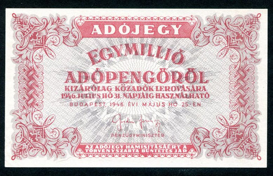 Adójegy 1946 1 millió Adópengő-sorszám nincs