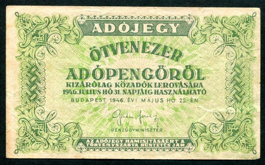 Adójegy 1946 50e Adópengő - fűzfői vízjel