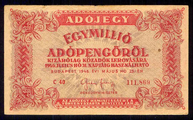 Adójegy 1946 1 millió Adópengő C