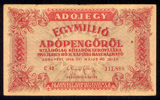 Adójegy 1946 1 millió Adópengő C