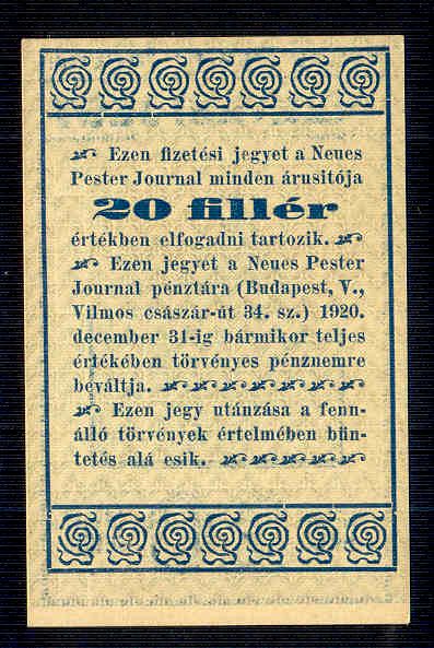 Budapest Neues Pester Journal 20 fillér