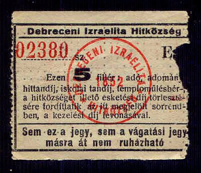 Debreceni Izraelita Hitközség 5 fillér