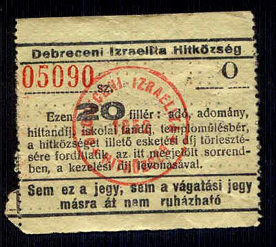 Debreceni Izraelita Hitközség 20 fillér