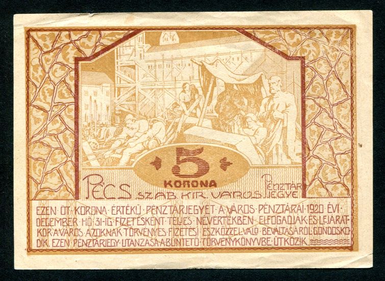Pécs Pénztárjegy 1920 5 Korona