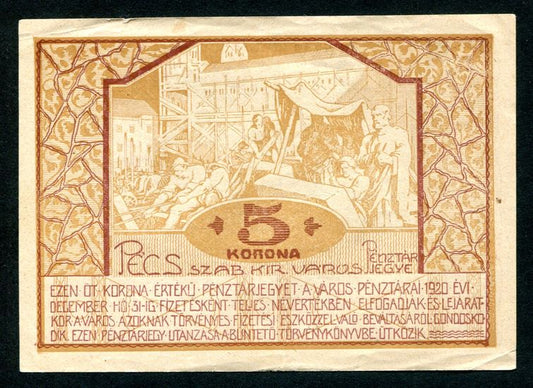 Pécs Pénztárjegy 1920 5 Korona
