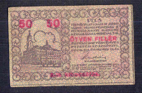 Pécs Pénztárjegy 1919 50 fillér III