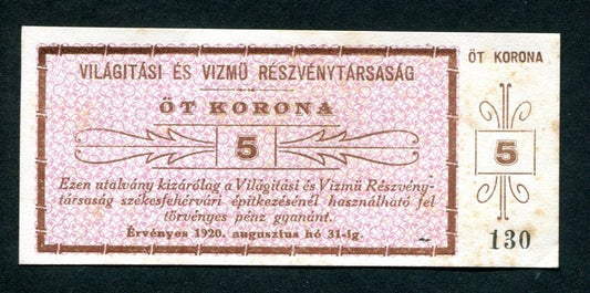 Székesfehérvár Világítási és Vízmű Rt 5 Korona